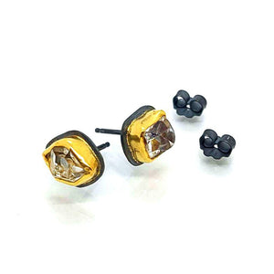 Earrings - Glacier Herkimer Studs in 22k Gold and Oxidized Sterling Silver by Storica Studio