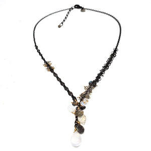 Necklace - Short Asymmetric Moonstone and Labradorite Cluster by Calliope Jewelry