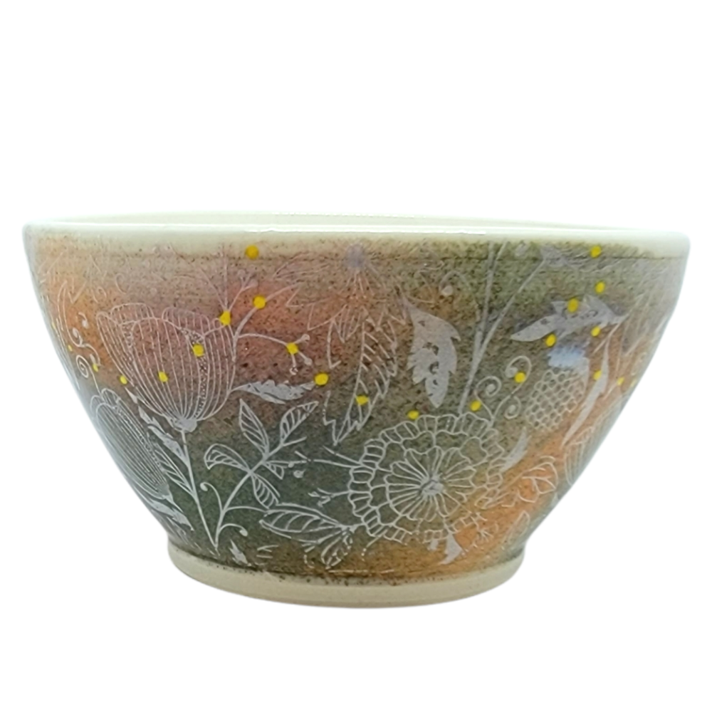 Bowl – Flowers on Green and Orange with Yellow Dots by Clay It Forward