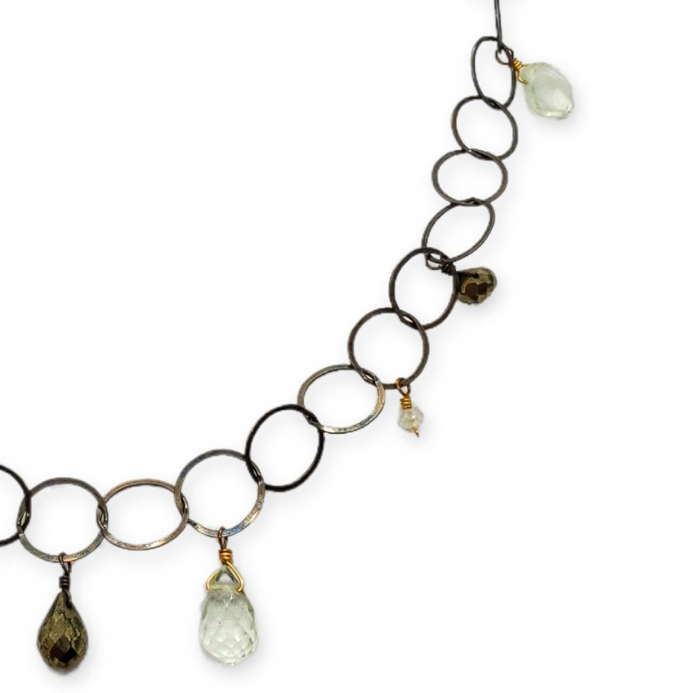 Necklace - Circle Chain with Mixed Pyrite and Green Amethyst Drops by Calliope Jewelry