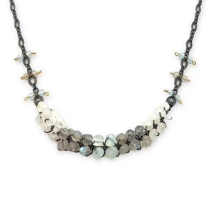 Necklace - Wrapped Bar with Chalcedony, Labradorite, and Rainbow Moonstone by Calliope Jewelry