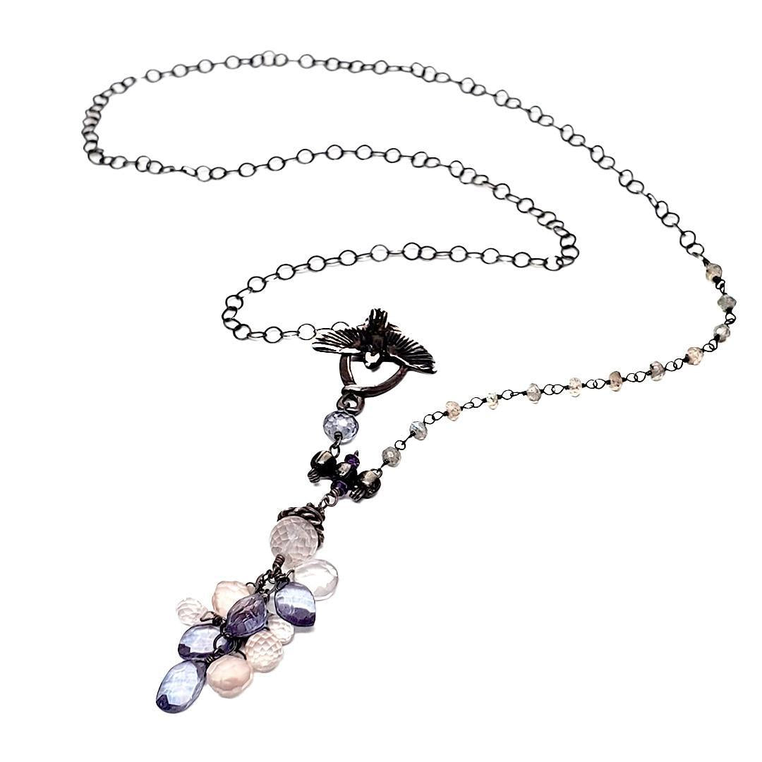 Necklace - Rose and Blue Quartz Cluster with Bird Toggle by Calliope Jewelry