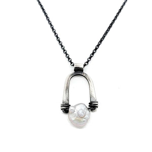 Necklace - Arc Silver Pearl Pendant Sterling 18in Chain by Three Flames Silverworks