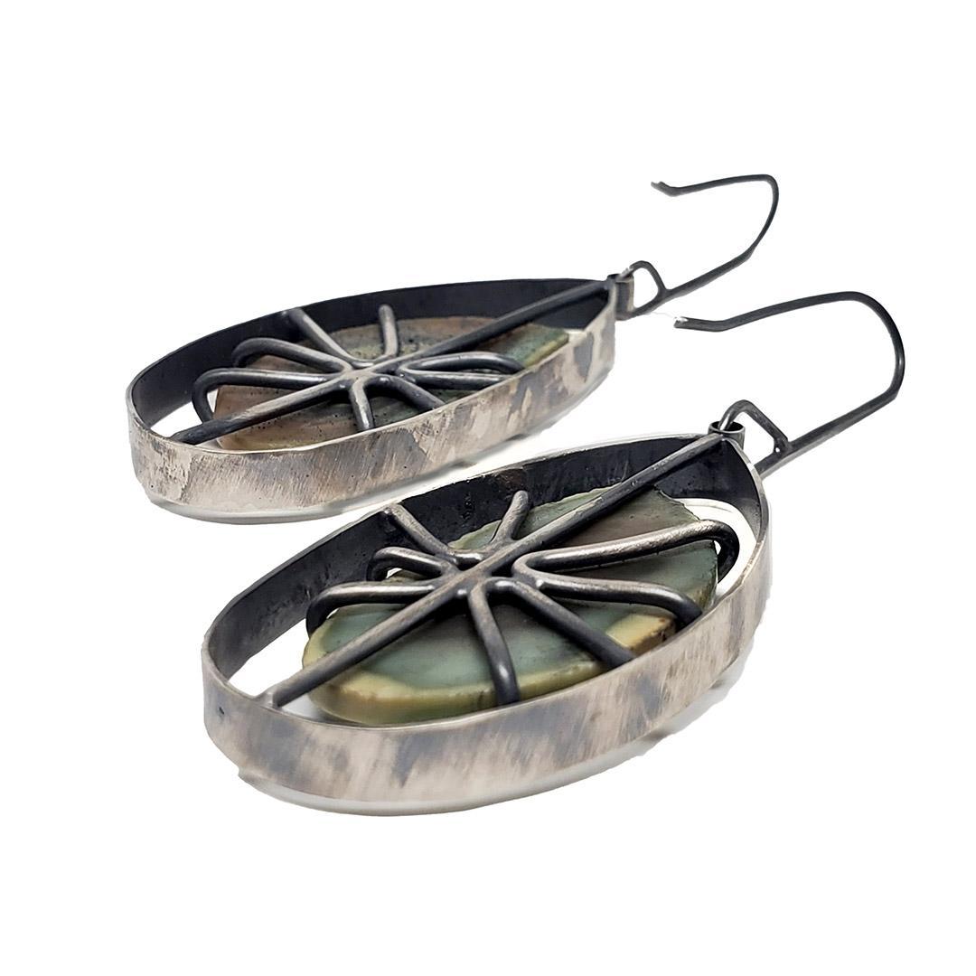 Earrings - Wayfinder Green Pink Imperial Jasper in Oxidized Sterling by Three Flames Silverworks